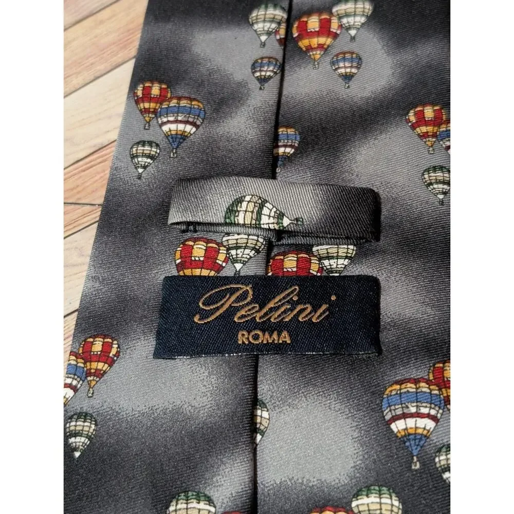 Pelini Roma Hot Air Balloon Novelty Gray and Black Handmade Necktie Polyester